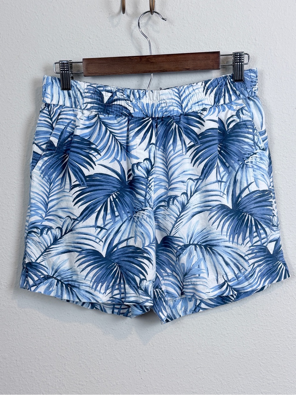 Talbots Blue Leaf-Print Linen-Blend Shorts SP